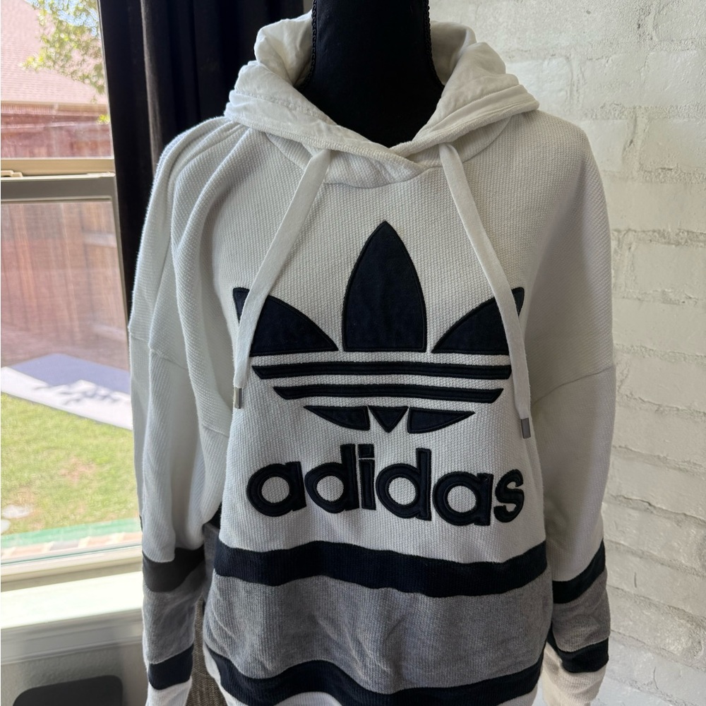 Adidas Long Sleeve Trefoil Hoodie in White and Navy Blue